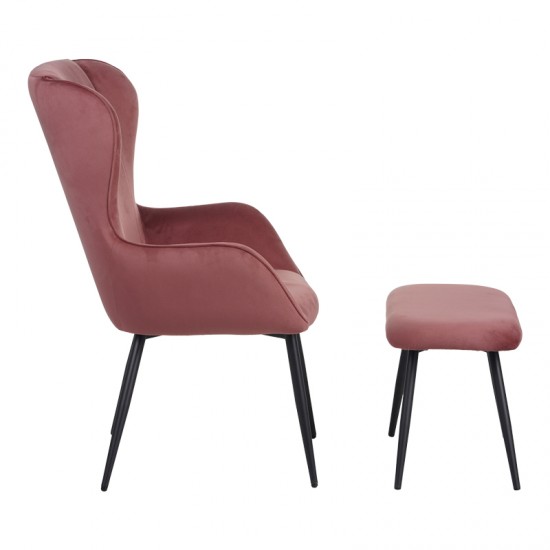 Πολυθρόνα με υποπόδιο Rueda βελούδο σε σάπιο μήλο απόχρωση με μαύρα μεταλλικά πόδια 71.5x66.5x99εκ