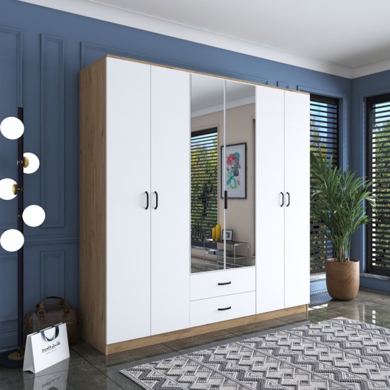 Ντουλάπα ανοιγόμενη με καθρέπτη Wakro λευκό-καρυδί μελαμίνης 210x51.5x210εκ