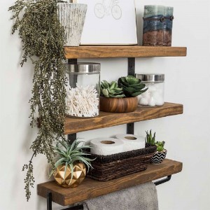 Ραφιέρα τοίχου Ember pakoworld μασίφ ξύλο πεύκου καρυδί-μαύρο 75x9x68εκ