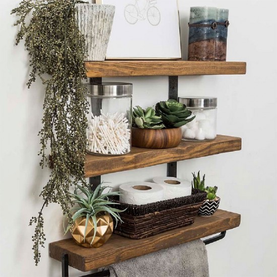 Ραφιέρα τοίχου Ember pakoworld μασίφ ξύλο πεύκου καρυδί-μαύρο 75x9x68εκ