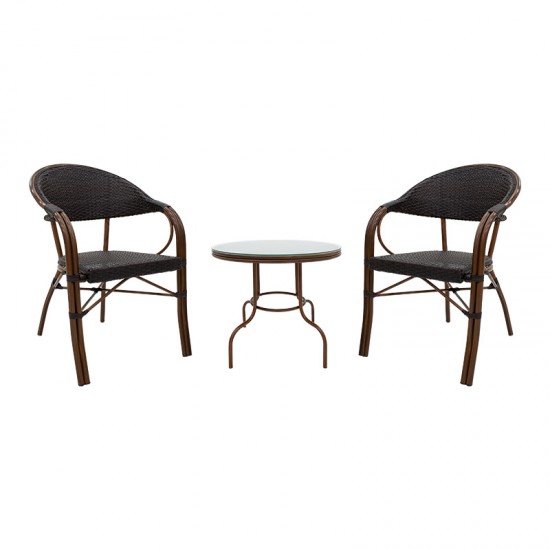 Σαλόνι κήπου Paula σετ 3τεμ μέταλλο-pe rattan καφέ
