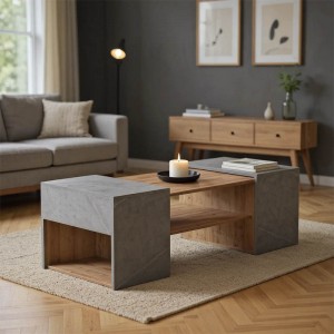 Τραπέζι σαλονιού Morfi πολυμορφικό 3τεμ σε oak-μπεζ μαρμάρου απόχρωση 105x45x37εκ