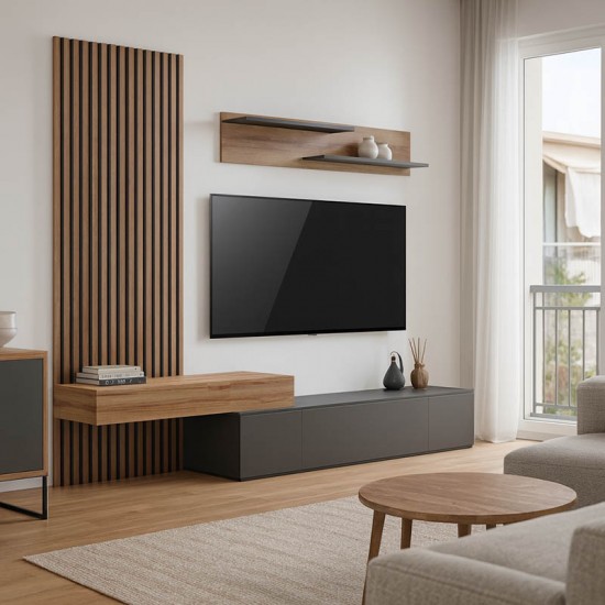 Σύνθετο σαλονιού Litende σε ανθρακί-oak απόχρωση 249.4x42.2x199.5εκ