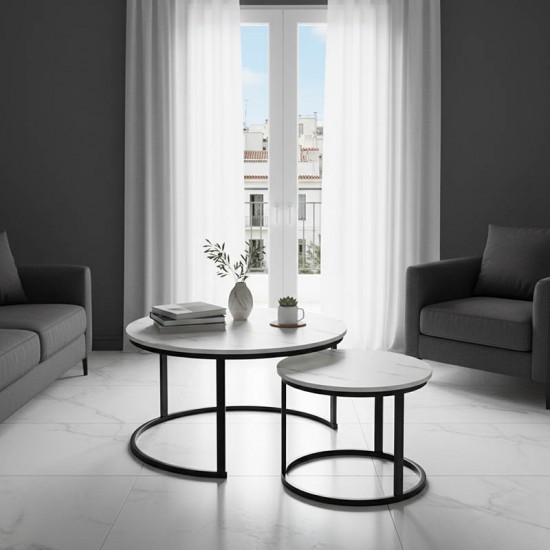 Τραπέζια σαλονιού Solme I 2τεμ σε λευκή μαρμάρου απόχρωση με μαύρα μεταλλικά πόδια