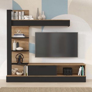 Σύνθετο σαλονιού Dranko μαύρο-oak μελαμίνης 205x41.5x192εκ