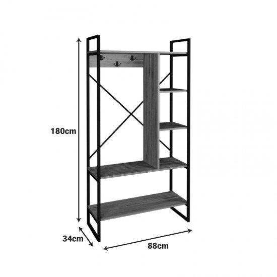 Έπιπλο εισόδου Feranda με ράφια oak με μαύρο μεταλλικό σκελετό 88x34x180εκ