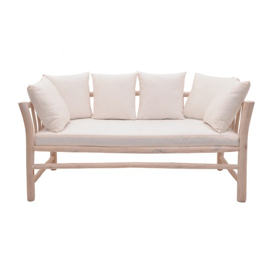 Καναπές διθέσιος Dranjere teak ξύλο σε φυσική απόχρωση με μπεζ ύφασμα 162x80x71εκ