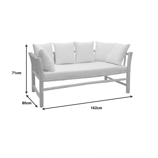 Καναπές διθέσιος Dranjere teak ξύλο σε φυσική απόχρωση με μπεζ ύφασμα 162x80x71εκ