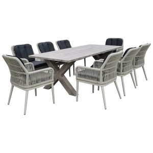 ALLEY Set Τραπεζαρία Κήπου ALU & Rope Grey-Μαξιλ.Ανθρακί: Τραπέζι 220x94 + 8 Πολυθρόνες