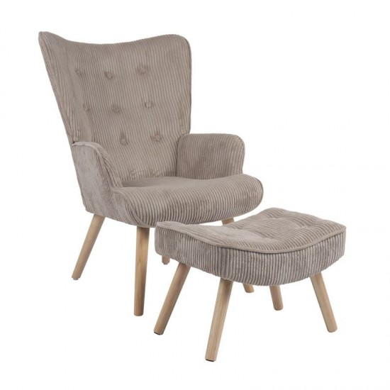 ALMA Πολυθρόνα - Μπερζέρα με Σκαμπό - Υποπόδιο Φυσικό Ύφασμα Κοτλέ Ανοιχτό Καφέ 69x76x97cm