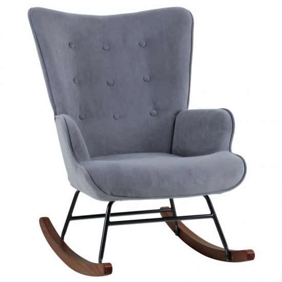 ALMA Rocking Πολυθρόνα Μπερζέρα Καθιστικού, Ύφασμα Velure Γκρι, Βάση Μαύρο-Καρυδί 67x86x92cm