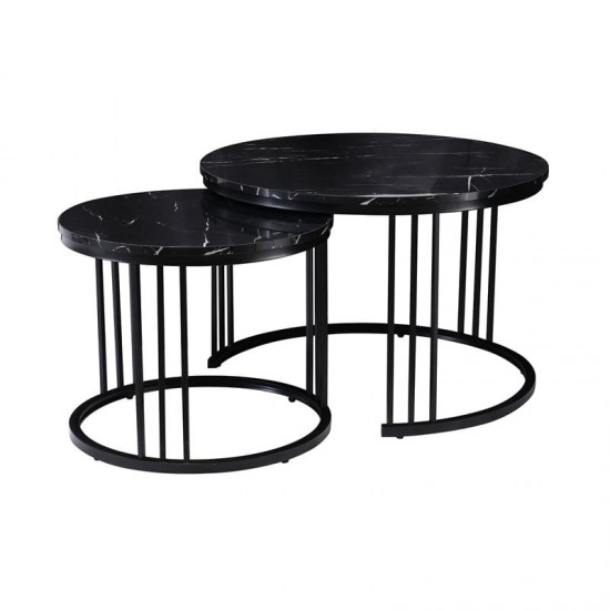 BOZZO Set-2 Τραπεζάκια Σαλονιού-Καθιστικού, Μέταλλο Μαύρο, Απόχρωση Μαύρο Μάρμαρο Φ.50+Φ.70