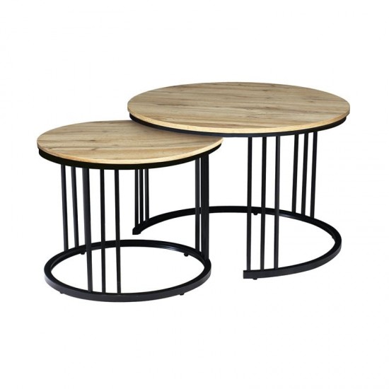 BOZZO Set-2 Τραπεζάκια Σαλονιού-Καθιστικού, Μέταλλο Μαύρο, Απόχρωση Sonoma Φ.50+Φ.70