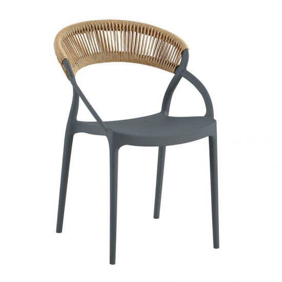 DORA Πολυθρόνα Στοιβαζόμενη, PP Ανθρακί, Rope Wicker Φυσικό 53x61x78cm