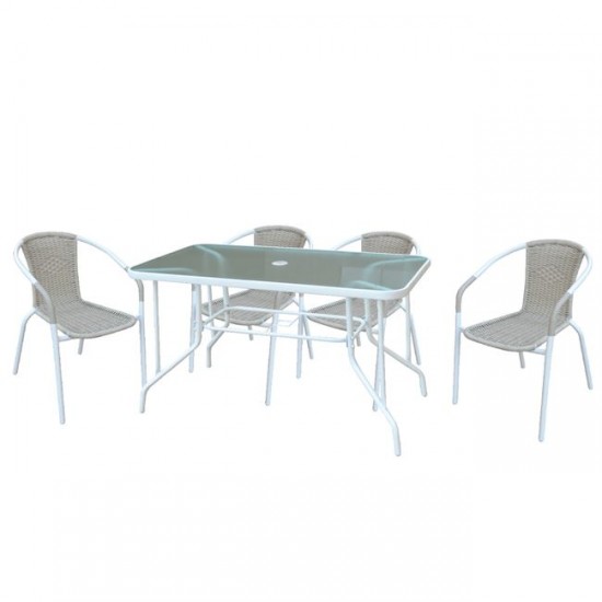 BALENO Set (Τραπέζι 110x60cm+4 Πολ) Μεταλλικό Άσπρο/Beige Wicker