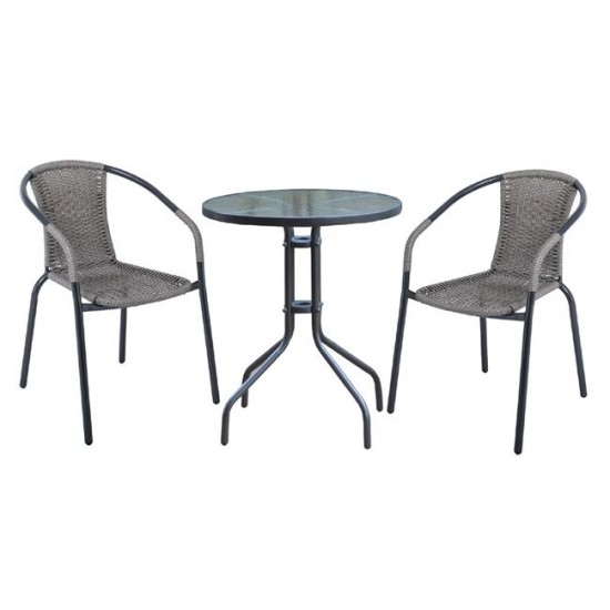 BALENO Set Κήπου - Βεράντας: Τραπέζι + 2 Πολυθρόνες Μέταλλο Ανθρακί - Wicker Mixed Grey Φ.70cm