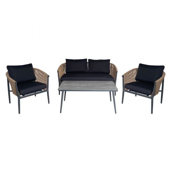 GASBA Set Σαλόνι Κήπου 4τεμ, Alu Ανθρακί, Rope Wicker Φυσικό, Μαξιλάρια Σκούρο Γκρι