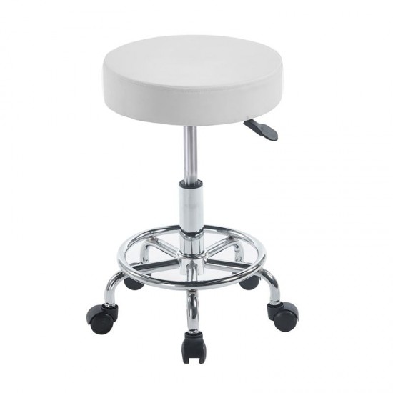 GLORY Σκαμπό με υποπόδιο, Βάση Χρώμιο, PU Άσπρο, Περιστρεφόμενο, Τροχήλατο Φ35 H.47/61cm