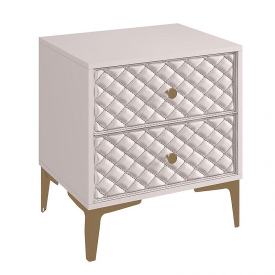 LANA Κομοδίνο με 2 Συρτάρια, Απόχρωση Εκρού, με πρόσοψη Pu Καπιτονέ 50x40x60cm