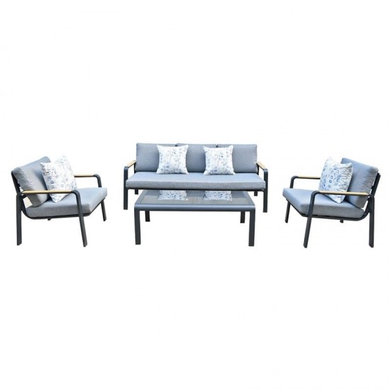 LATINO Set Σαλόνι Κήπου 4τεμ, Αλουμίνιο Μαύρο, Μαξιλάρια Γκρι, Γυαλί Μαύρο