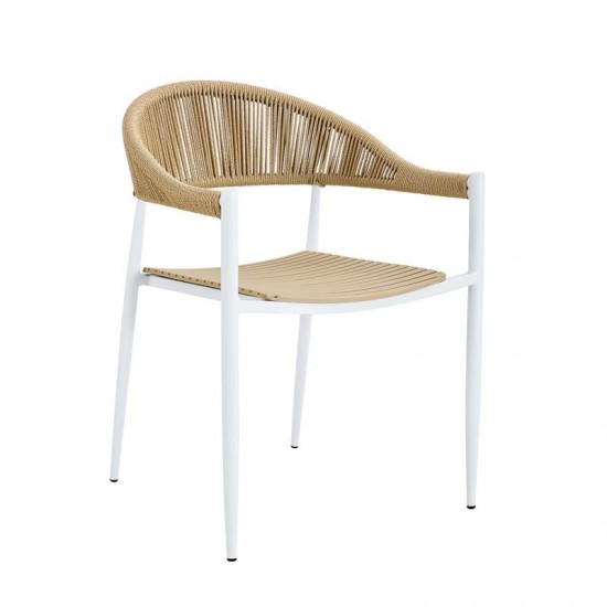 MALTA Πολυθρόνα Στοιβαζόμενη, Μέταλλο Βαφή Άσπρο, PP-UV Μπεζ Rope Wicker Φυσικό 57x57x76cm