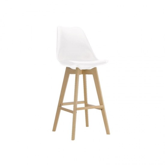MARTIN Σκαμπό BAR Οξιά Φυσικό, Κάθισμα Η.67cm, PP-Pu Άσπρο, Μονταρισμένη Ταπετσαρία 49x54x106cm