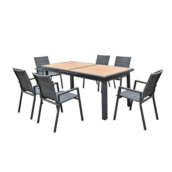 NAPOLI Set Dining ALU Κήπου: 6 Πολυθρόνες + Τραπέζι Επεκτ/νο Μαύρο-Καρυδί-Textilene Ανθρακί 186+60x95cm H.77cm