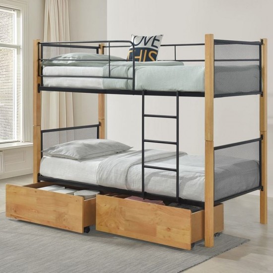 NET Κρεβάτι Κουκέτα Ξύλο Φυσικό, Μέταλλο Βαφή Μαύρο, με 2 Συρτάρια 95x200x158cm