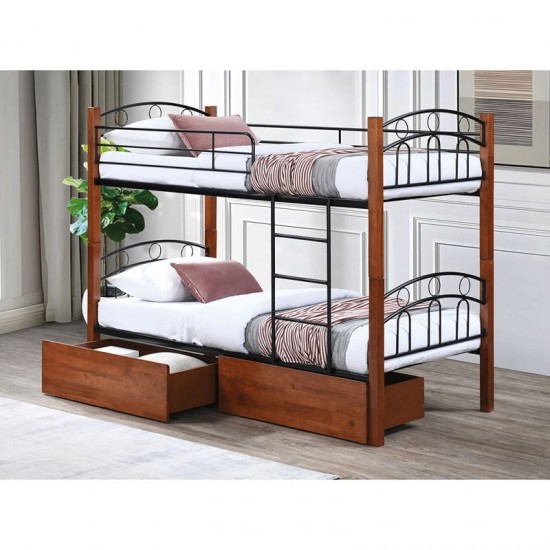 NORTON Κρεβάτι Κουκέτα με 2 Συρτάρια, Μέταλλο Βαφή Μαύρο, Ξύλο Καρυδί 97x201x160cm