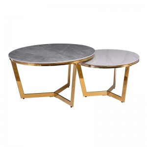 OTTO Set 2 Τραπεζάκια Σαλονιού , Χρώμιο Χρυσό, Sintered Stone Grey-White Marble Φ.80+Φ.60