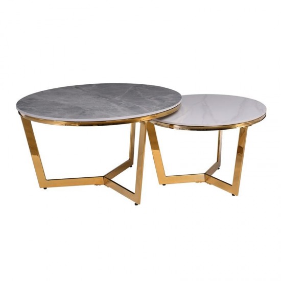 OTTO Set 2 Τραπεζάκια Σαλονιού , Χρώμιο Χρυσό, Sintered Stone Grey-White Marble Φ.80+Φ.60