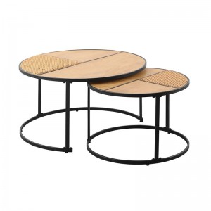 PABLO Set-2 Τραπεζάκια Σαλονιού-Καθιστικού, Μέταλλο Βαφή Μαύρο, Απόχρωση Φυσικό Φ.60 H.41cm + Φ.80 H.45cm