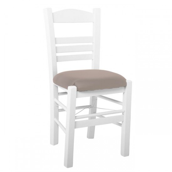ΣΙΦΝΟΣ Καρέκλα Οξιά Βαφή Εμποτισμού Λάκα Άσπρο, Κάθισμα Pu Cappuccino 41x45x88cm