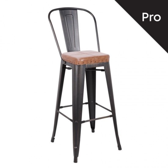 RELIX Σκαμπό Bar-Pro με Πλάτη, Μέταλλο Βαφή Antique Black, Pu Camel 43x48x114cm