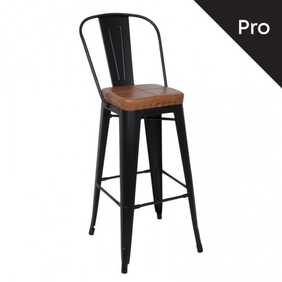 RELIX Σκαμπό Bar-Pro με Πλάτη, Μέταλλο Βαφή Μαύρο Matte, Pu Came 43x48x114cm
