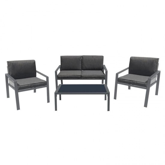 RIVIAN Set Σαλόνι Κήπου 4τεμ, Μέταλλο Βαφή Ανθρακί, Μαξιλάρια Γκρι