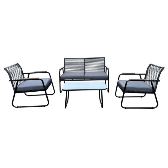 ROCCO Set Σαλόνι Κήπου 4τεμ, Μέταλλο Μαύρο,RopeWicker Γκρι, Μαξιλ.Σκούρο Γκρι, Γυαλί Μαύρο