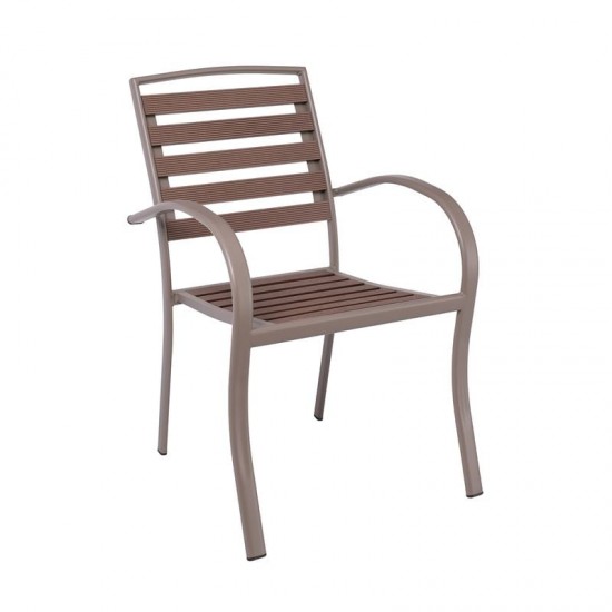SERRANO Πολυθρόνα Κήπου Μέταλλο Βαφή Sand Beige, Polywood Καρυδί, Στοιβαζόμενη 56x64x88cm