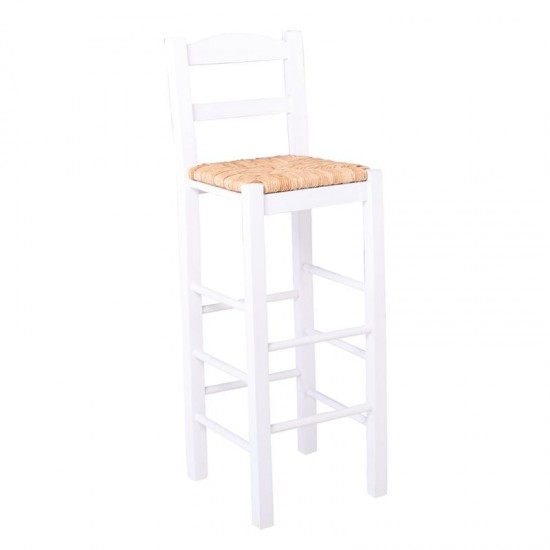 ΣΙΦΝΟΣ Σκαμπό BAR με Πλάτη, Οξιά Εμποτισμός Λάκα Άσπρο, Κάθισμα Ψάθα 36x37x76/107cm