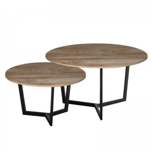 TEDDY Set-2 Τραπεζάκια Σαλονιού-Καθιστικού, Μέταλλο Μαύρο, Απόχρωση Καρυδί Φ80+Φ60