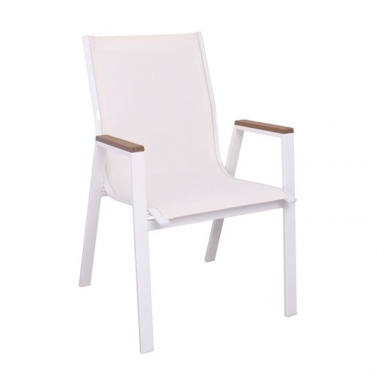 VIRNA Πολυθρόνα Κήπου Βεράντας, Μέταλλο Βαφή Άσπρο, Textilene Άσπρο,Polywood Φυσικό 56x63x90cm