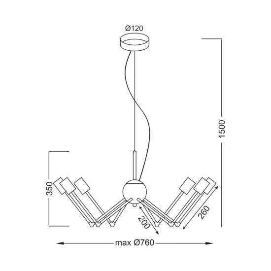 TZIA ΚΡΕΜΑΣΤΟ ΦΩΤΙΣΤΙΚΟ 6ΦΩΤΟ ΜΕΤΑΛΛΟ ΜΑΥΡΟ D76xΗ150cm