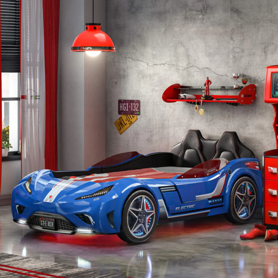 CHAMPION RACER ΠΑΙΔΙΚΟ ΚΡΕΒΑΤΙ ΑΥΤΟΚΙΝΗΤΟ ΜΠΛΕ ΜΕ ΚΡΥΦΟ ΦΩΤΙΣΜΟ 127x220xH80 cm