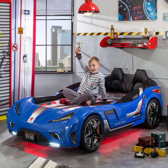 CHAMPION RACER ΠΑΙΔΙΚΟ ΚΡΕΒΑΤΙ ΑΥΤΟΚΙΝΗΤΟ ΜΠΛΕ ΜΕ ΚΡΥΦΟ ΦΩΤΙΣΜΟ 127x220xH80 cm