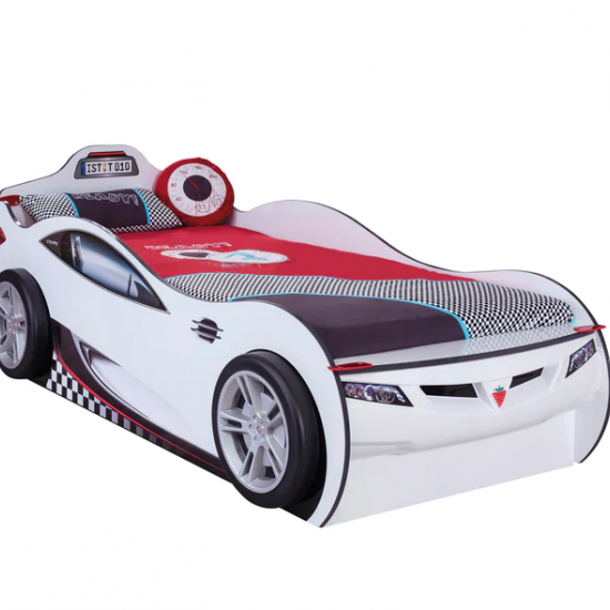 YOUNG RACER ΠΑΙΔΙΚΟ ΚΡΕΒΑΤΙ ΑΥΤΟΚΙΝΗΤΟ ΛΕΥΚΟ ΜΕ ΣΥΡΤΑΡΙ 107x210xH82 cm
