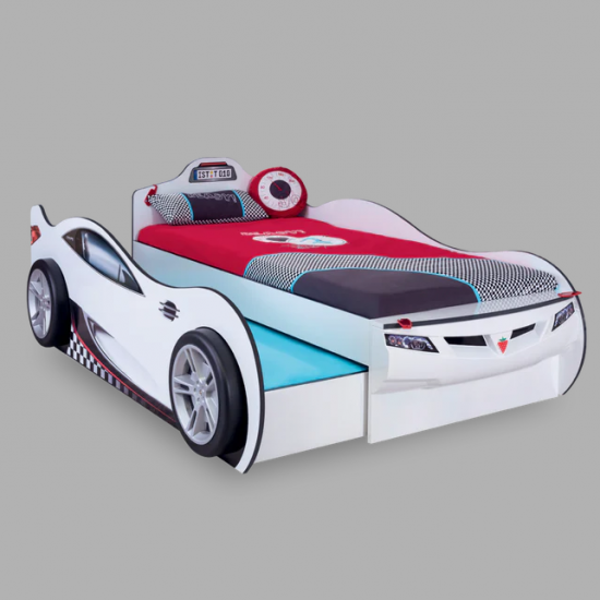 YOUNG RACER ΠΑΙΔΙΚΟ ΚΡΕΒΑΤΙ ΑΥΤΟΚΙΝΗΤΟ ΛΕΥΚΟ ΜΕ ΣΥΡΤΑΡΙ 107x210xH82 cm