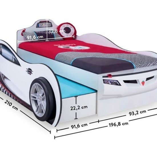 YOUNG RACER ΠΑΙΔΙΚΟ ΚΡΕΒΑΤΙ ΑΥΤΟΚΙΝΗΤΟ ΛΕΥΚΟ ΜΕ ΣΥΡΤΑΡΙ 107x210xH82 cm