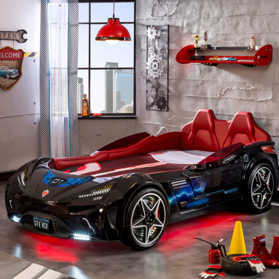 CHAMPION RACER ΠΑΙΔΙΚΟ ΚΡΕΒΑΤΙ ΑΥΤΟΚΙΝΗΤΟ ΜΑΥΡΟ ΜΕ ΚΡΥΦΟ ΦΩΤΙΣΜΟ 127x220xH80 cm