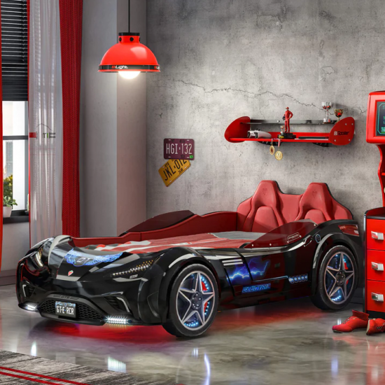 CHAMPION RACER ΠΑΙΔΙΚΟ ΚΡΕΒΑΤΙ ΑΥΤΟΚΙΝΗΤΟ ΜΑΥΡΟ ΜΕ ΚΡΥΦΟ ΦΩΤΙΣΜΟ 127x220xH80 cm