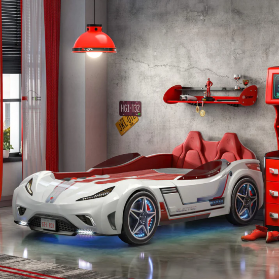 CHAMPION RACER ΠΑΙΔΙΚΟ ΚΡΕΒΑΤΙ ΑΥΤΟΚΙΝΗΤΟ ΛΕΥΚΟ ΜΕ ΚΡΥΦΟ ΦΩΤΙΣΜΟ 127x220xH80 cm
